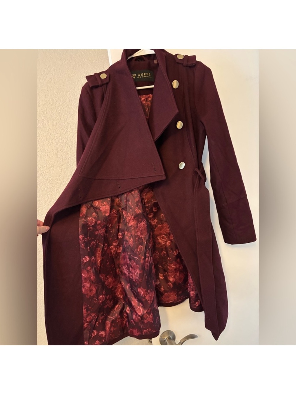 GUESS Women's Deep Plum Double-Breasted Trench Coat with Floral Lining
